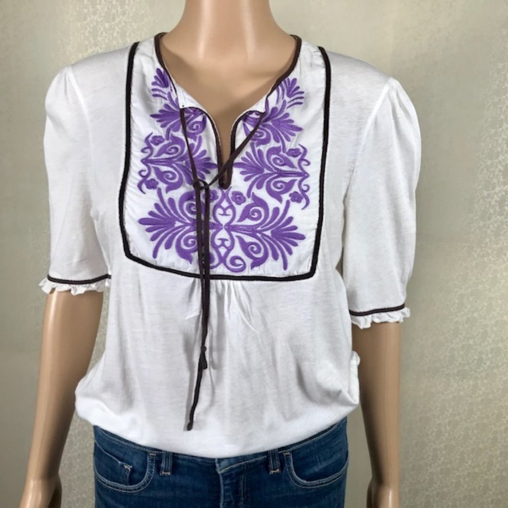Tory Burch Embroidered Peasant Top in Soft Knit Fabric Sz M-L